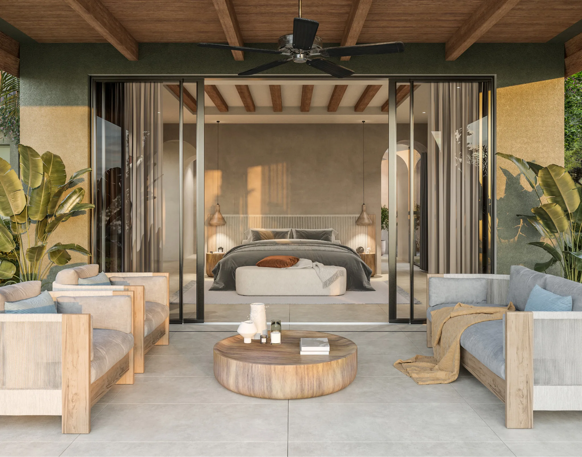 Private bedroom terrace at Casa Uno with luxury lounge seating and a modern ceiling fan for outdoor comfort