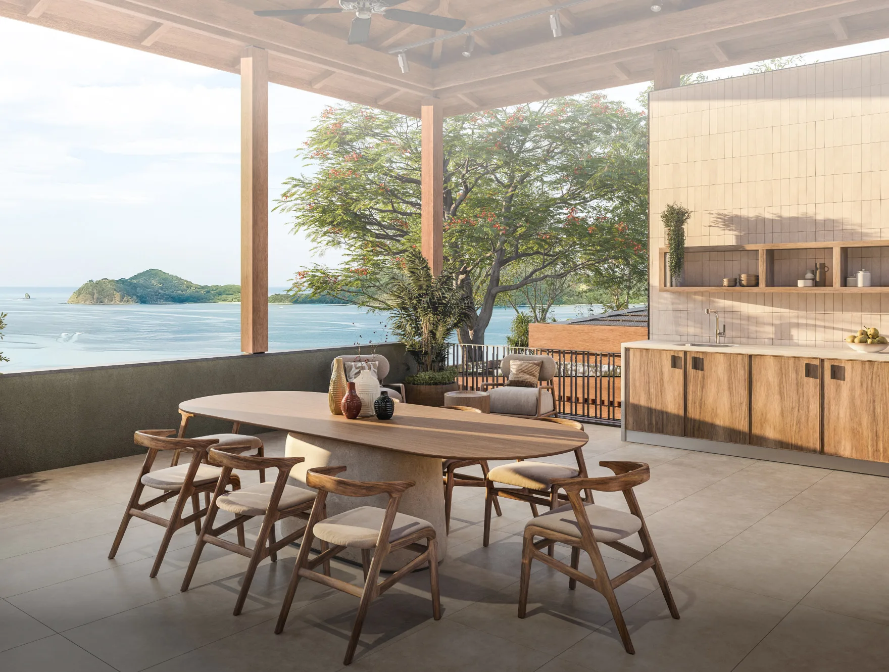 Papagayo Bay residence exterior view showcasing the primary bay-facing terrace and expansive tropical coastline